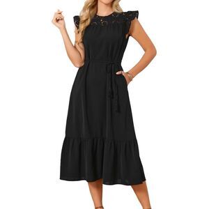 Women's Eyelet Dress Flutter Sleeve Tiered A Line Midi Summer Dress Black